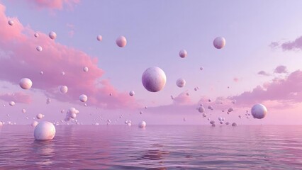 Pastel pink-purple sky over a calm sea, with many white spheres floating above the water. Concept Pastel pink purple sky over a calm sea, White spheres floating above the water