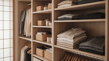 A meticulously organized walk-in closet exudes an aura of minimalist elegance. showcasing a harmonious blend of form and function.