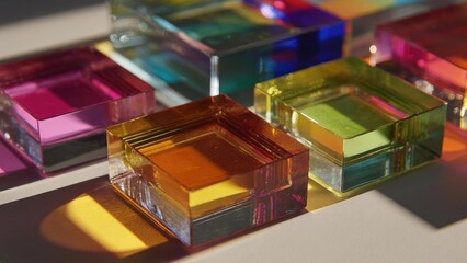 Colorful translucent square glass blocks arranged in a decorative display with pink, yellow, and orange hues. Concept Colorful glass blocks, Square block decor, Pink yellow orange hues