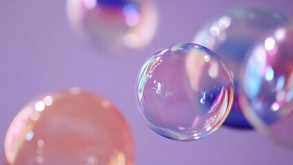 Colorful iridescent soap bubbles floating in a pastel purple background. Concept Iridescent soap bubbles, Pastel purple backdrop, Dreamy bubble photography, Colorful reflections, Soft light & bokeh