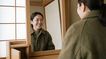 A woman's genuine smile reflecting in the mirror, exuding confidence and contentment, in a warm and inviting setting.