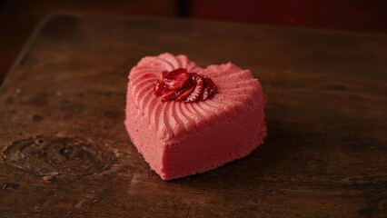 Heart-shaped pink dessert with a cherry topping on a wooden surface. Sweet treat and food photography. Confectionery and dessert. The concept of love and sweetness.