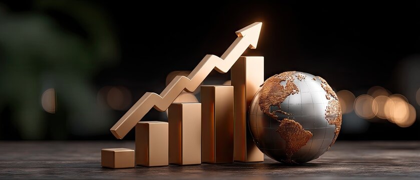 Global business growth concept showing a glowing arrow graph and a globe on a dark background representing data technology and financial market trends - Powered by Adobe