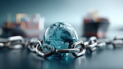 Global trade concept with cargo ships and chains connecting continents on a 3D rendering of Earth showcasing marine logistics and transportation