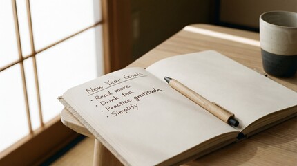 An open notebook on a wooden table, with handwritten goals and a pen beside a cup. A scene of planning for new goals, and setting life-related plans.