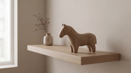 A minimalist interior featuring a wooden horse sculpture and delicate vase of dried branches, arranged on a sleek floating shelf and bathed in soft, natural light.