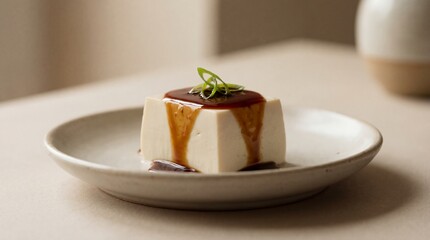 A perfectly plated block of tofu, drizzled with a rich sauce, sits on a minimalist dish, capturing the essence of culinary artistry and healthy eating.