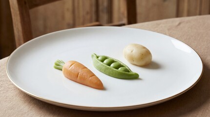 A culinary still life features a minimalist plate with meticulously arranged carrot, pea pod and potato, conveying freshness and simplicity.