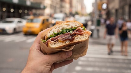 A delectable sandwich, perfectly held against the vibrant backdrop of a bustling city street. A moment of culinary delight.