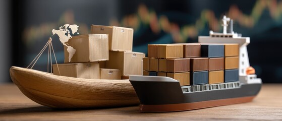 3d rendering shows global trade and cargo logistics with a container ship, containers on dock and shipping map at a stock market background