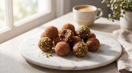 A delectable display of chocolate truffles, tantalizingly arranged on a marble platter, inviting indulgence alongside a cup of coffee.