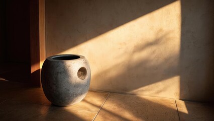round gray stone planter with a circular hole on its side, on a tiled floor bathed in warm sunlight Concept Stone planter, Circular hole design, Warm sunlight textures, Tiled floor details