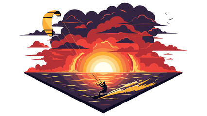 Dramatic sunset with kite surfer and vibrant clouds over ocean horizon