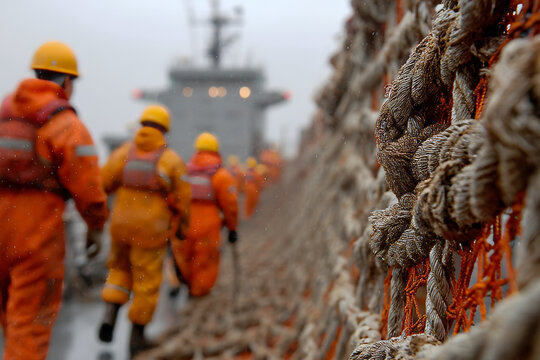 Crew works to tighten cargo nets on deck in wet weather Generative AI