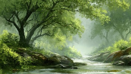 Obraz premium Ethereal forest stream flowing between mossy rocks under a vibrant green canopy digital painting