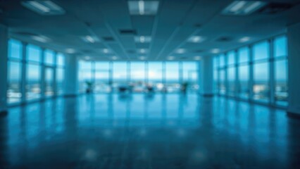 Obraz premium Indoor space with large windows and natural light, modern interior design, likely an office or conference room.