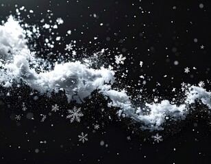 Fototapeta premium Swirling White Snowflakes and Cloud on Dark Black Background