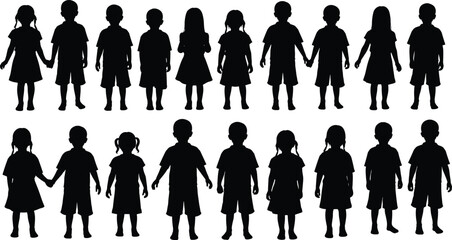 Large collection of children silhouettes featuring boys and girls in various poses including walking, playing soccer, dancing, and standing still. © TAZMIN