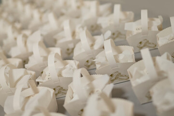 Various detail of wedding decorations, cookies, cakes, flowers and arranges