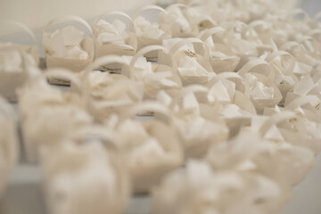 Various detail of wedding decorations, cookies, cakes, flowers and arranges