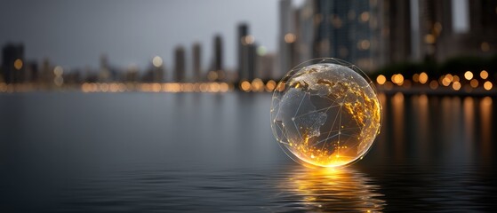 3D rendering of glowing earth in gold and orange among city buildings at night with reflections on water surface