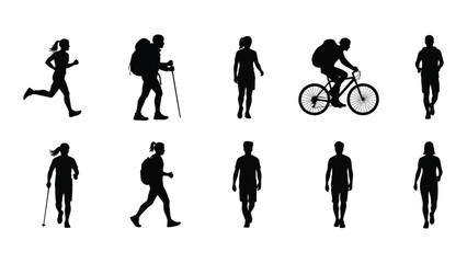 Silhouettes of people engaged in various outdoor recreational activities