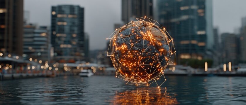 Earth glows in gold and orange at night amid city buildings with digital technology symbols in background and reflections on water - Powered by Adobe