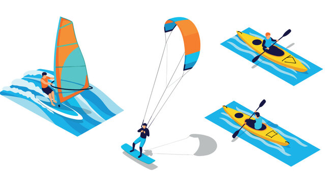 Water sports adventure scene with windsurfing, kitesurfing, and kayaking in isometric style
