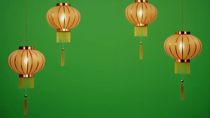 "Golden Chinese lantern floating gently top to bottom on pure green screen background, soft cinematic lighting, slow smooth motion, ultra clean edges, loopable animation, stock video style, no text or