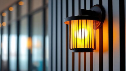 A warm amber outdoor wall lantern with a protective metal cage, mounted on a striped wall. Concept Amber outdoor lantern, protective metal cage, striped wall, warm lighting, outdoor decor