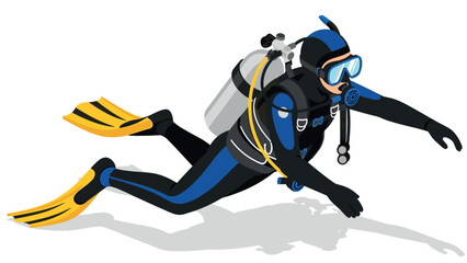 Isometric scuba diver in full gear with yellow fins on a white background