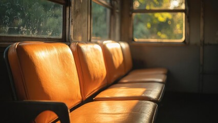 An empty vintage bus interior with orange-brown leather seats bathed in warm sunlight. Concept Vintage bus interior, orange-brown leather seats, warm sunlight, nostalgic travel, retro transport