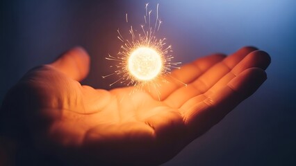A hand holding a glowing sparkler against a dark blue background