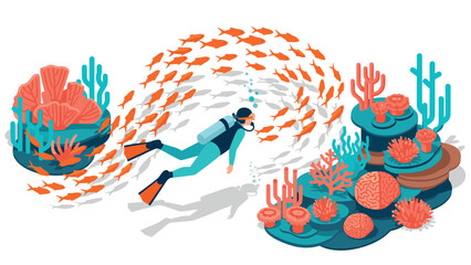 Isometric diver exploring vibrant coral reefs with school of fish underwater