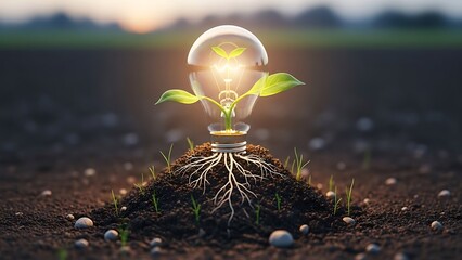 A glowing light bulb with green leaves growing from it, rooted in a mound of earth in a serene field at sunrise.