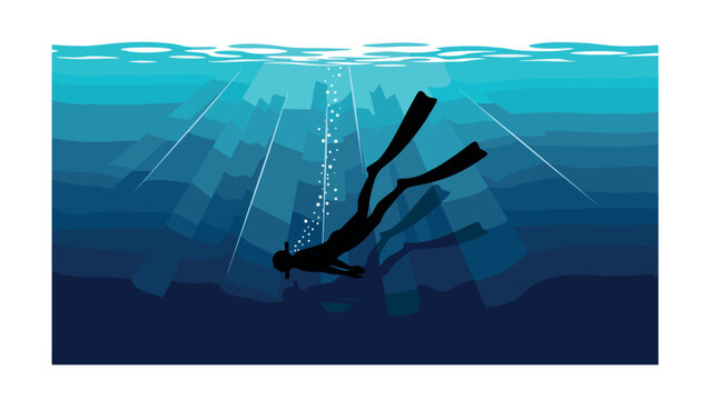 Deep sea diving adventure in silhouette style with sunlit ocean rays