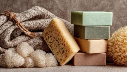 Stack of pastel soaps with a sponge, loofahs, and a textured cloth for a spa-like bath setup. Concept Pastel soap stack, Spa-like bath setup, Loofahs and textured cloth, Soft color bath decor