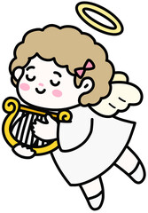 Cute baby angel playing a golden harp on white wings.