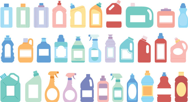 Cleaning Product Bottle Icon Set Illustration with Household Detergent Containers, Spray Cleaners, Liquid Soap Packaging, and Hygiene Elements for Commercial Designs