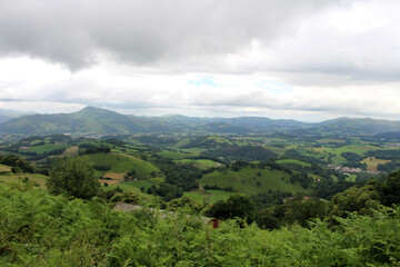 Fototapeta premium Peaceful farmland and residential houses lining the Camino de Santiago trail near Saint-Jean-Pied-de-Port, photographed in July 2024.