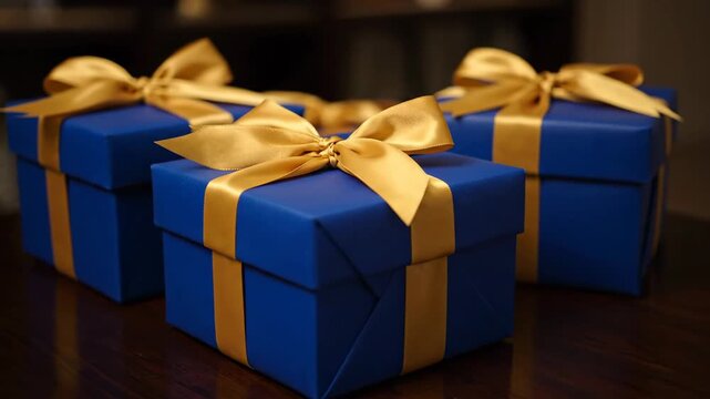 Blue and Gold Gift Boxes - Three square gift boxes are wrapped in blue paper and tied with a gold ribbon. The boxes are arranged on a dark brown wooden surface, with a blurred background.