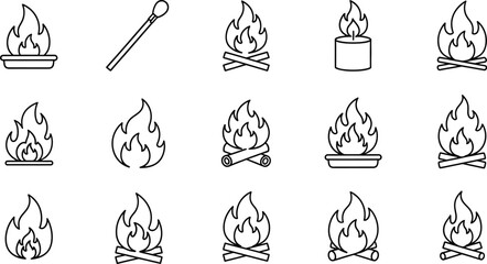 Modern collection of outline fire icons, featuring diverse flame designs, matchstick, campfire, and candle representations, perfect for web, UI, and print graphic design projects