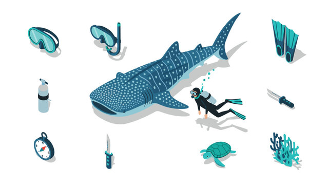 Underwater exploration adventure with whale shark and scuba diving equipment