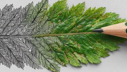 Leaf split in two: left shows a black skeleton of veins, right is a green leaf; a pencil rests at the tip. Concept Leaf Anatomy Study, Skeleton vs Green Leaf, Pencil as Focus