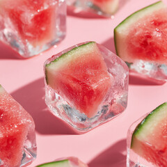Fresh Watermelon Slices Frozen in Clear Ice Cubes on Pink Background