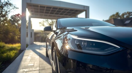 Sleek Sedan's Serenity: Capturing a futuristic sedan gleaming in the sun, parked beneath an architectural marvel with the allure of a journey.