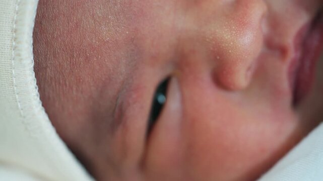 Macro close-up of newborn baby s face showing delicate skin texture and features in natural light.