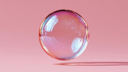 A single iridescent soap bubble floating above a soft pink background. Concept Ethereal close-up of an iridescent soap bubble on a soft pink backdrop