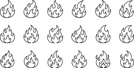 Set of stylized flame icons, representing fire and heat, designed as simple line art outlines for versatile use