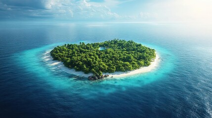 Heart Shaped Tropical Island Lush Green Vegetation Surrounded by Crystal Clear Turquoise Ocean Water Under a Bright Sunny Day